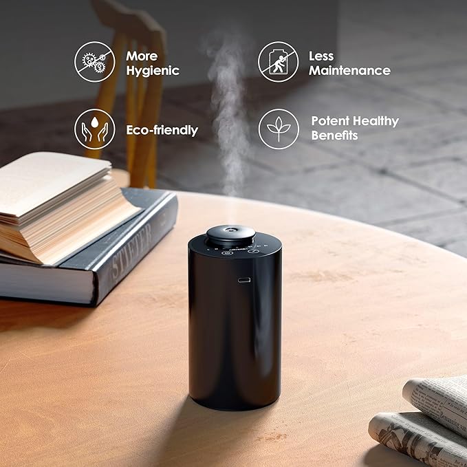 Waterless Diffuser for Essential Oil, Battery Operated Nebulizer, 0.7 Fl.Oz./ 20mL Capacity, Mini Scent Air Machine, 3 Countdown Timers & 3 Mist Levels for Home, Room, Car, Office - AN6 Black 2 Pack
