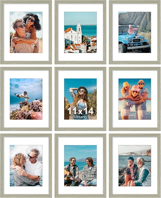 Vittanly 11x14 Picture Frames Set of 9, Shatter Resistant Plexiglass, Display 8x10 Pictures with Mat or 11x14 without Mat, Photo Frames for Wall or Tabletop, Engineered Wood, Driftwood