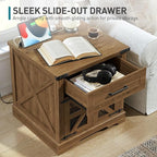 Farmhouse End Table Set of 2, 24" Large Sofa Side Table with Drawer, Large End Table for Living Room, Wooden Nightstand with Charging Station, Square, Walnut