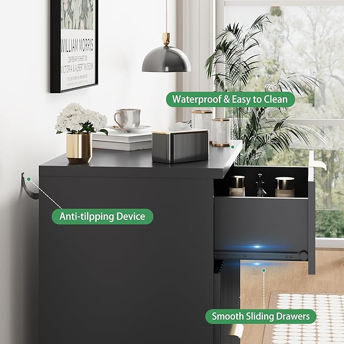 Fluted Nightstand, 24" Wide Side Table with 3 Large Storage Drawers, Mid Century Modern Wood Night Stand with Metal Handle, Wooden Bedside End Table for Bedroom, Living Room, Closet, Black