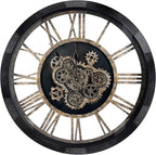 DORBOKER 30" Large Wall Clock Moving Gears,Oversized Industrial Rustic Farmhouse Clocks for Living Room Decor Office Home, Solid Wood Retro Metal HD Tempered Glass Cover,Black and Vintage Bronze