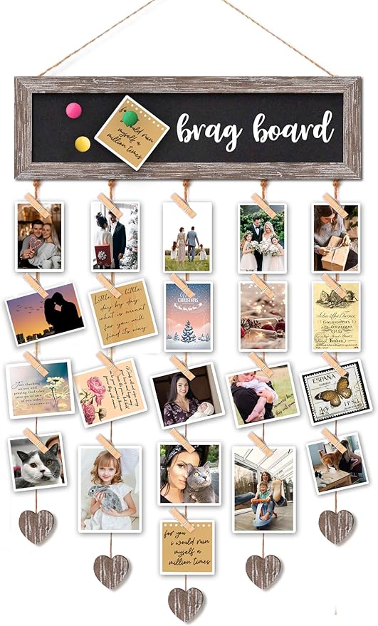 Picture Frames Brown Wood Collage Display Board with 30 Clips - Multip photo Cards Organizer with Adjustable Twines and Magnetic Chalkboard - Wall Hanging Picture Holder 15.7x5 Inch