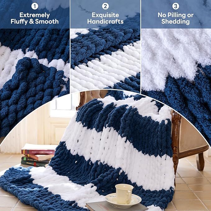 Chunky Knit Blanket - Luxury Soft Cozy 60 * 80 Throw Blanket,100% Woven Blanket Rope Knot Throw Blanket for Couch, Sofa, Home Decor, Gift - Machine Washable（White/Deep Blue）