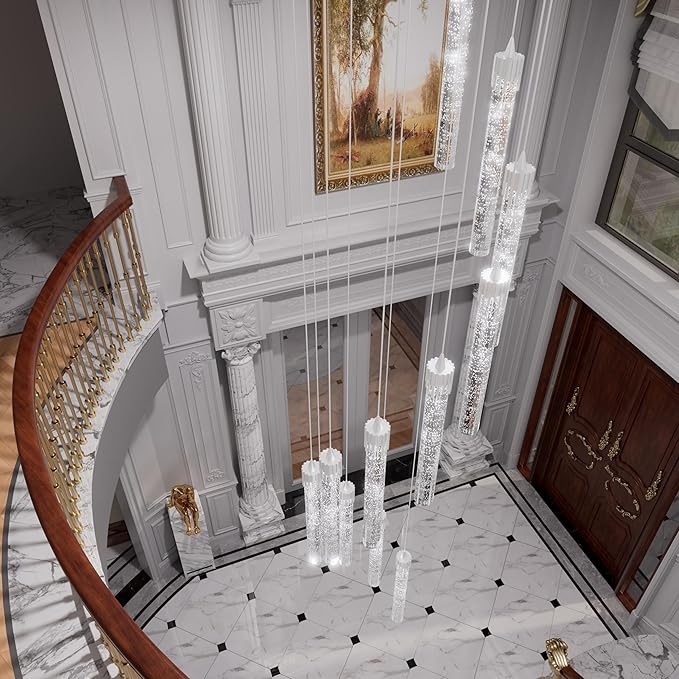 H138 High Ceiling Chandeliers for Foyer 12 Lights Crystal Bubble Column Chandelier for Living Room and Dining Room LED Pendant Lighting