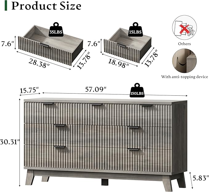 Fluted Dresser with 7 Drawers, 58" Wide Modern Chest of Drawers with Metal Handle, Wooden Dresser TV Stand, Wood Closet Clothes Storage Organizer for Bedroom, Living Room, Hallway, Light Grey