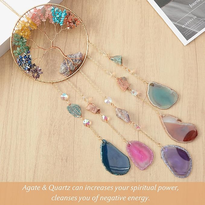 Large Rainbow 5 Agates Gemstone Dream Catcher Tree of Life Chakra Dream Catchers with Healing Crystal Handmade Muti-Colored Dreamcatcher Wall Decor for Adults Boys Girls,Bedroom,Garden,Bless Gift