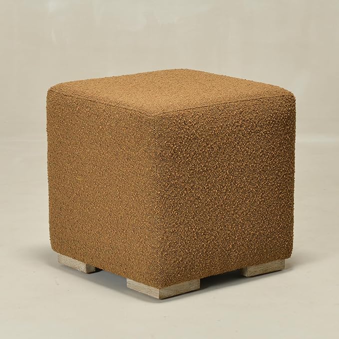 KINWELL 18.5" Wide Modern Square Boucle Upholstered Ottoman with Solid Wood Legs, Cube Ottoman Multi-Functional Sofa Footrest, Extra Seating for Living Room, Bedroom, Fully Assembled (Brown)