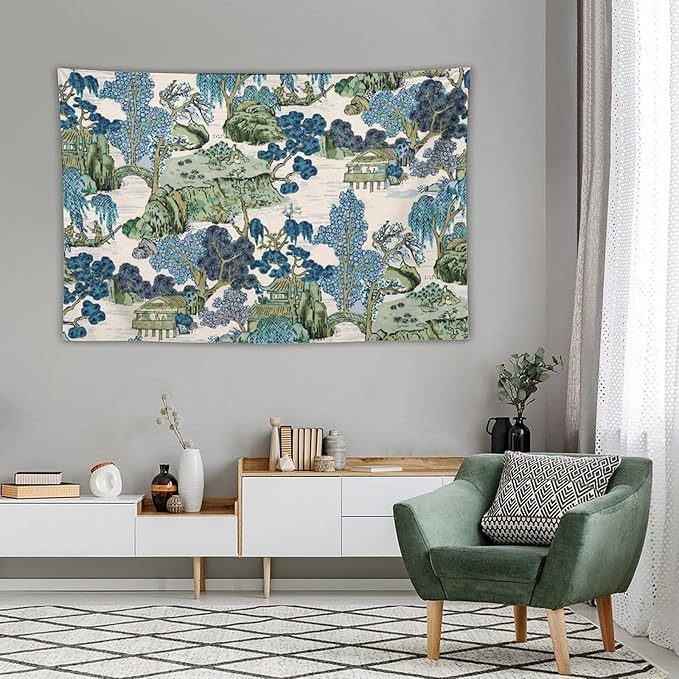 Chinoiserie Tapestry,Asian Watercolor Abstract Art Tapestry,Asian Japanese Wall Tapestry, Nature Landscape Tapestries for Bedroom Living Room Decor 60"x40"