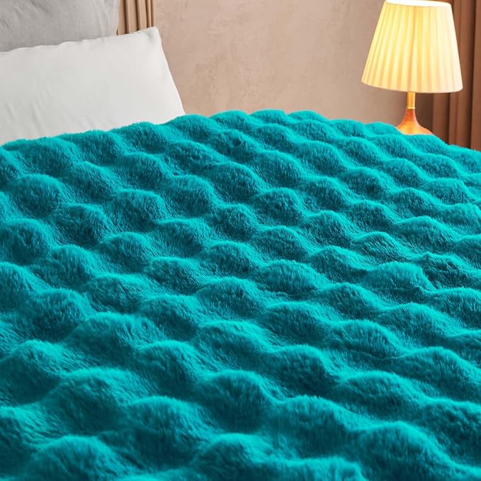 Lotus Karen Faux Fur Throw Blanket Teal - Big Bubble Rabbit Fluff Blanket for Couch Bed Sofa,Softest Fluffy Fuzzy Cozy Blanket,Thick Furry Plush Shaggy Warm Blankets for Women,108x90 Inches