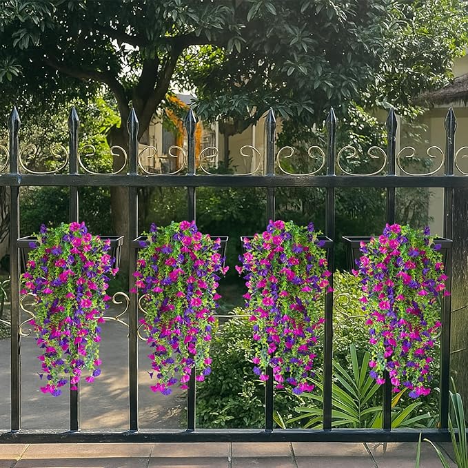 Artificial Hanging Flowers – 4 Pack UV Resistant Fake Morning Glory Vine Faux Plants for Porch, Patio, Balcony, Garden, Indoor & Outdoor Decor (Purple & Hot Pink)