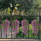Artificial Hanging Flowers – 4 Pack UV Resistant Fake Morning Glory Vine Faux Plants for Porch, Patio, Balcony, Garden, Indoor & Outdoor Decor (Purple & Hot Pink)