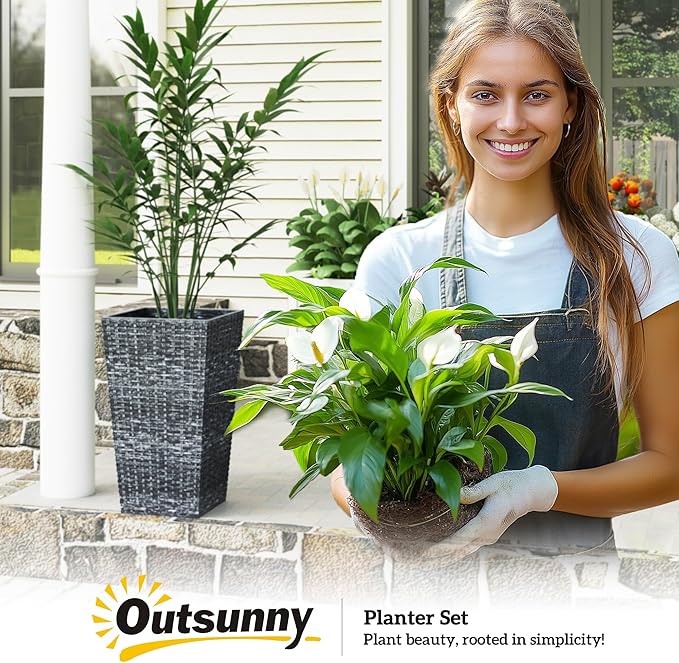 Outsunny Tall Planters for Outdoor Plants Set of 3, 24 in Taper Planters with Drainage Holes, Rattan Decor Plant Pots for Indoor Outdoor Front Porch Patio Backyard, Gray