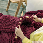 WESHIONGOO Chunky Knit Blanket Throw 50"×60" Knitted Throw Blankets for Couch Bed Fluffy Soft Blanket with Jumbo Chenille Yarn Thick 100% Handmade(Burgundy Red)