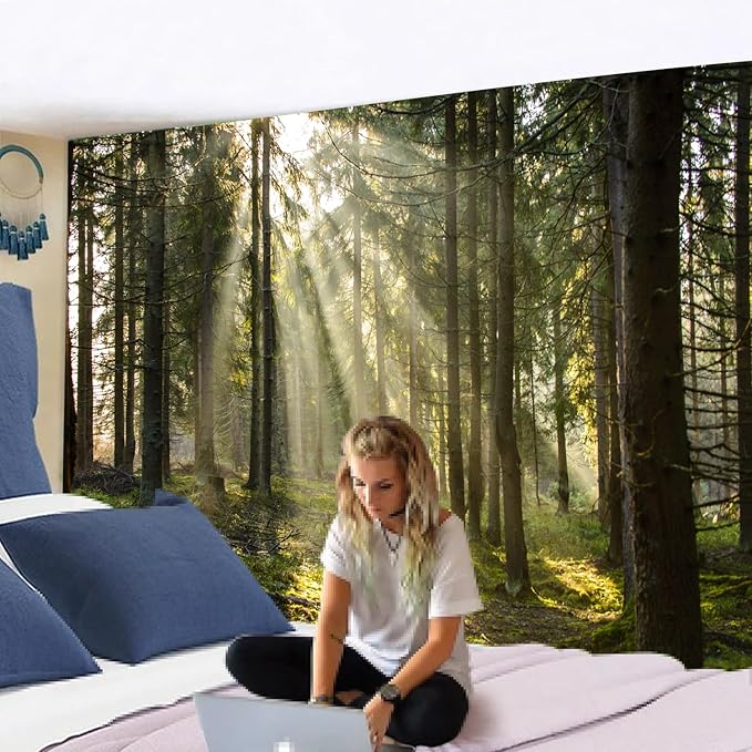 Onivein Forest Tapestry Nature Sunlight Streaming Through Green Trees Wall Hanging for Bedroom Living Room Office Decor 60 x 40 Inches