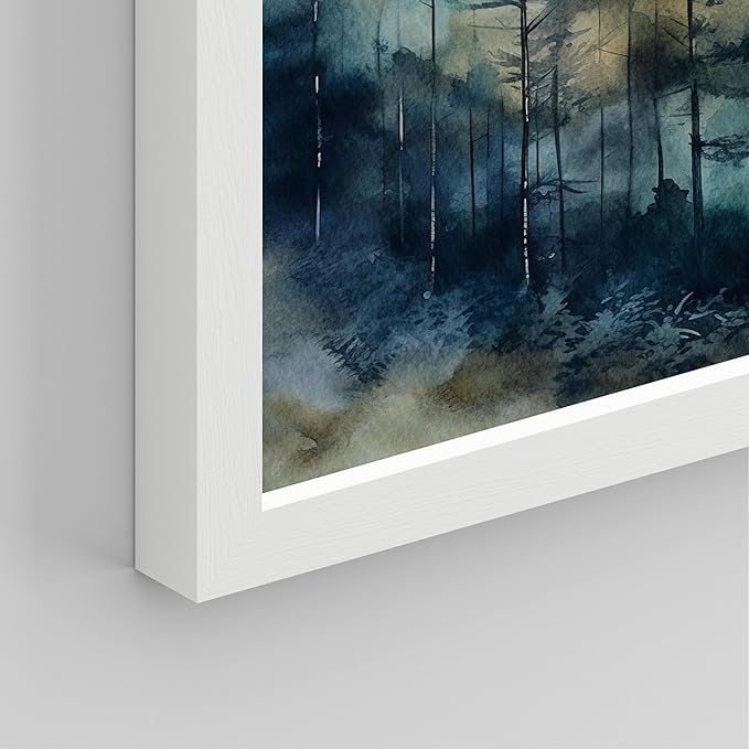 SIGNWIN Framed Poster Green & Teal Watercolor Forest Pine Trees Nature Wilderness Photography Realism Decorative Rustic Cozy Zen for Living Room, Bedroom, Office - 11"x14"x4 White