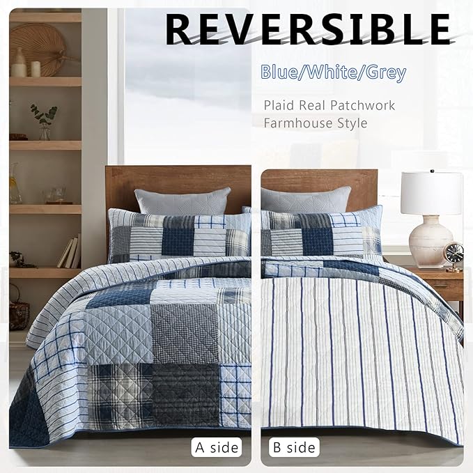 Yvooxny Queen Quilt Set Bedspread Reversible Plaid Grid Quilted Bedspread 3-Piece Real Patchwork Quilt Bedding Set ith Shams for All Seasons, Queen Size, 98 * 90 Inches