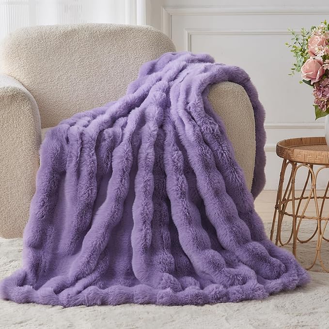 Lotus Karen Faux Fur Throw Blanket Purple - Big Bubble Rabbit Fluff Blanket for Couch Bed Sofa,Softest Fluffy Fuzzy Cozy Blanket,Thick Furry Plush Shaggy Warm Blankets for Women,50x60 Inches