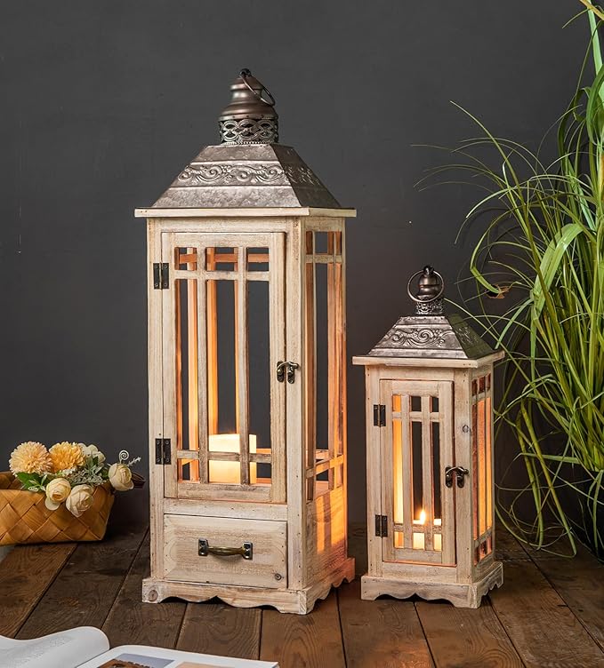TIMRIS Large Rustic Wooden Metal Decorative Lantern Set of 2, Modern Farmhouse Floor Candle Lanterns with Drawer, Indoor/Outdoor Hanging Lanterns for Home Decor (No Glass)