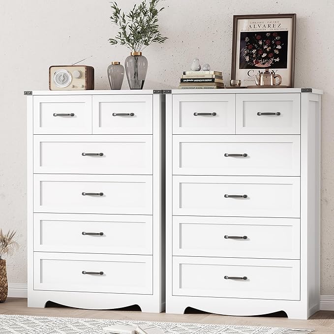 Dresser for Bedroom with 6 Drawers, 46" Tall Wood Chest of Drawers with Deep Drawers & Mental Handle, Modern Dresser TV Stand, Wooden Closet Storage Organizer for Living Room, Hallway, Entryway, White
