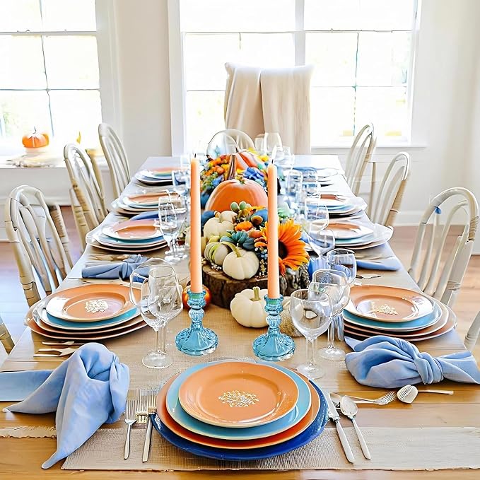 Glass Candlestick Holder,Striped Taper Candle Holders,Set of 6 Candle Stand for Table Centerpieces, Home Decor,Weddings,Festival and Parties (Blue Stripe Pattern)