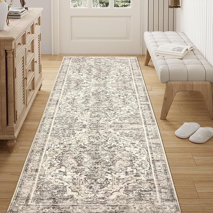 Topllen Runner Rug - 2'6" x8'Boho Washable Kitchen Rug, Non-Slip Soft Low Pile Rugs Indoor for Hallway Hall Living Room Bedroom Sunroom, Vintage Throw Stair Carpet Stain Resistance (Black, 2.5x8ft)