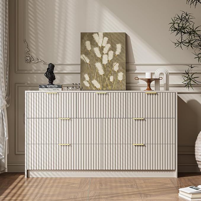Beige 7 Drawer Dresser for Bedroom, Modern Fluted Dresser with Gold Metal Handles, Wide Chest of Drawers for Bedroom,Living Room, Entryway, Hallway, 55.9" L x 15.7" D x 31.4" H