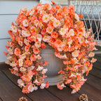 2 PCS Artificial Faux Fall Hanging Flowers Plants for Outdoor,Fake Silk Morning Glory with Eucalyptus UV Resistant Mums for Wall Home Porch Patio Balcony Yard Indoor Decor (Fall Orange+Light Orange)