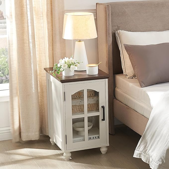 Farmhouse End Table Set of 3 with Charging Station, 18'' Narrow Side Table and 24" Large Sofa Side Table with Glass Barn Door Storage, Wood Night Stand Bedside Table for Living Room,Bedroom