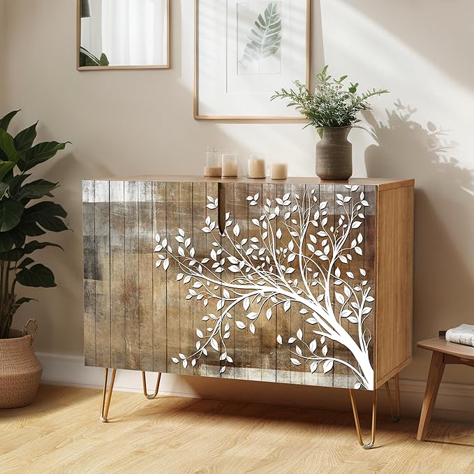 SIGNWIN Sideboard Buffet Cabinet, Kitchen Storage Cabinet with 2 Doors, Mid-Century Tree Silhouetten, Cupboard Console Table for Dining Room - 35" L x 18" W x 29" H