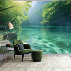 BSFHH Nature Tapestry Forest Tree Sea Cave Wall Hanging, Stream Through Rainforest Landscape Wall Art Tapestry for Bedroom Living room (Lake View, 79"×59", Unframed)