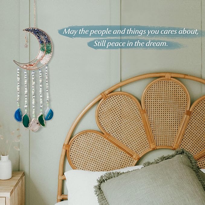 Agate Gemstone Dream Catcher 7 Chakra Tree of Life Dream Catcher with Rainbow Crystal Stones Handmade Dreamcatcher Wall Decor for Adults Boys Girls,Bedroom,Wedding,Garden,Bless Gift(Blue&Green Moon)