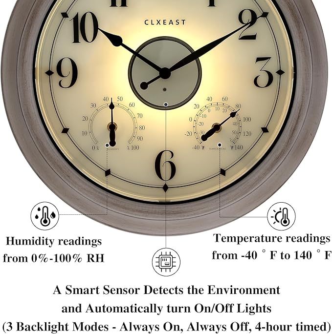 CLXEAST 18 Inch Illuminated Outdoor Clock with AI Smart Sensor, Large Farmhouse Wall Clock with Temperature & Humidity,Weathered White Finish,Unique House Warming Gifts