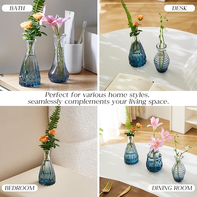 Glass Bud Vase Set of 60 - Small Vases for Flowers in Bulk - Assorted Vintage Crystal Vases for Flowers, Table Centerpieces (Blue, 60 Pcs)