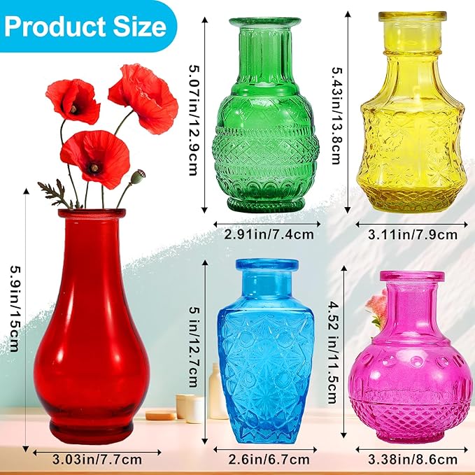 10 Pack Glass Bud Vases, Colored Bud Vase, Small Rustic Glass Vase for Flowers, Colorful Vintage Flower Vases for Wedding Home Table Plants Party Centerpieces Decor