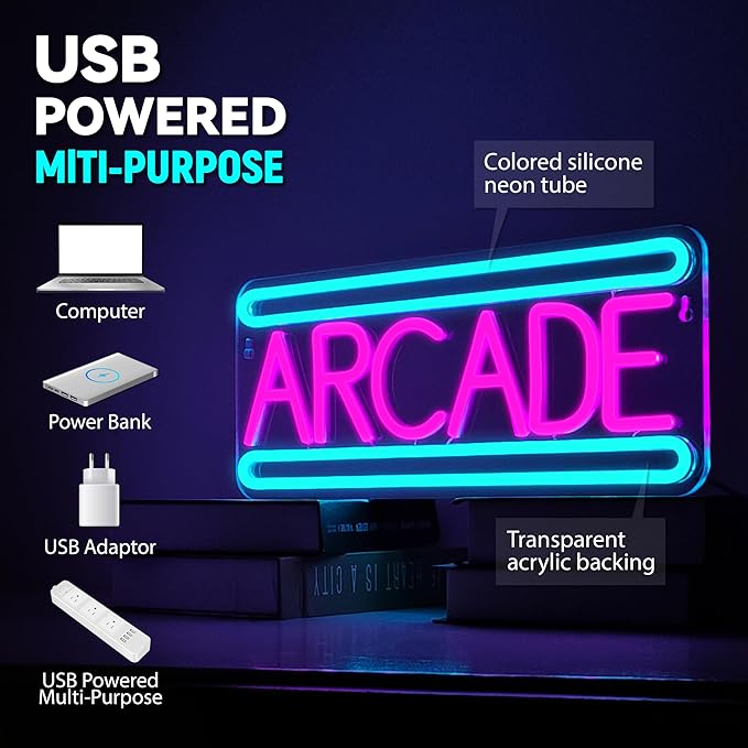 Arcade Neon Sign Arcade Neon Light for Wall Decor USB Powered Dimmable Arcade LED Neon Lights Sign for Game Room for Game Room Recreation Living Room Birthday Gift Man Cave Bedroom Decor