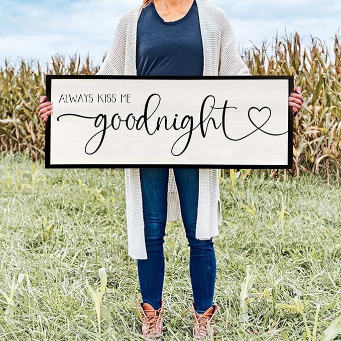 flowtorely Always Kiss Me Goodnight Wall Sign For Master Bedroom Above Bed Wall Decor 40''×15'' Large Rustic Solid Wood Frame For Farmhouse Couples Above bed Wall Art Decoration (Black)