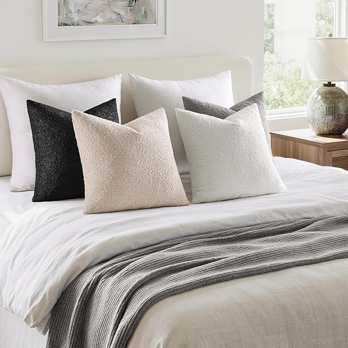 MIULEE Pack of 4 Decorative Textured Boucle Throw Pillow Covers 18x18 Inch Black White Accent Solid Pillow Cases Soft Couch Cushion Covers Modern Farmhouse Boho Chair Sofa Bed Livingroom Home Decor