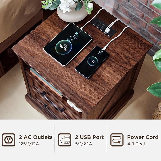 ACCOHOHO 18" Farmhouse Nightstand Set of 2 with Charging Station,End Table with 2 Drawers Storage,Side Table,Bedside Cabinet for Bedroom,Living Room, Brown