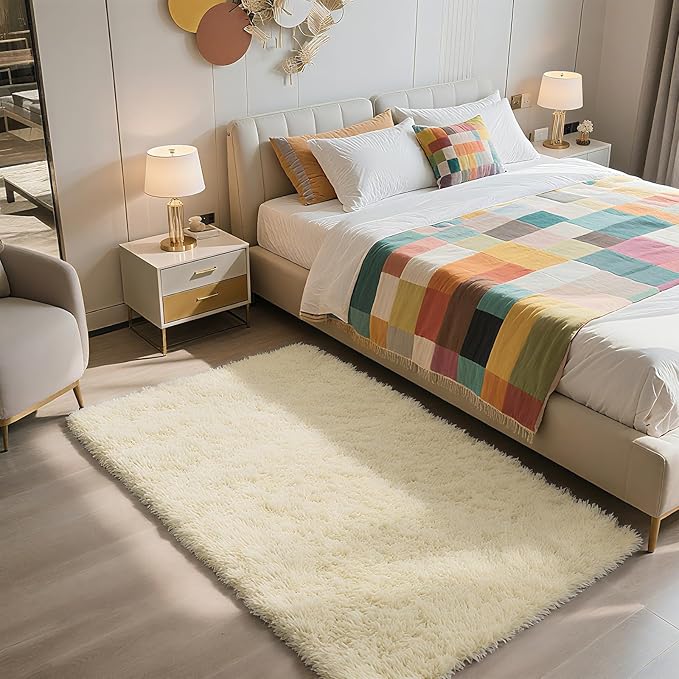 Shag Area Rug for Bedroom 3x5,Ivory Fluffy Area Rugs for Living Room,Soft Fuzzy Rug Non-Shedding Indoor Plush Carpet for Kids Bedroom Nursery Dorm Home Decor