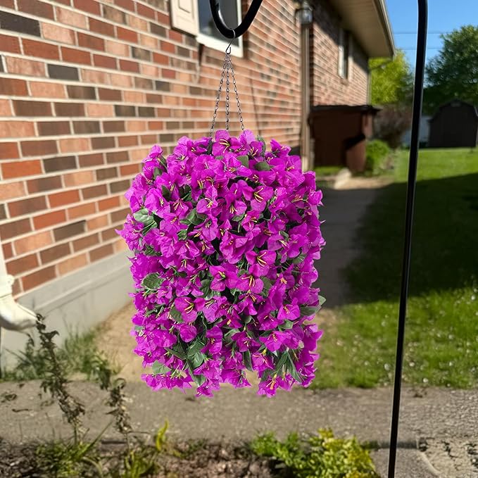 Artificial Bougainvillea Faux Flowers Plants Baskets for Outdoor Outside Summer Decoration, 3 PCS Fake Silk Long Hanging Vines UV Resistant Realistic for Front Door Porch Patio Balcony, Purple