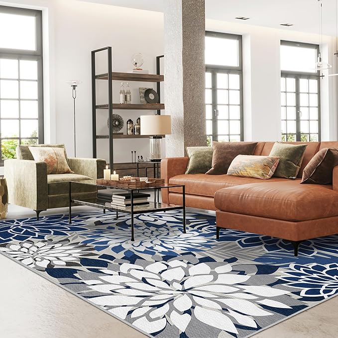 Indoor Outdoor Area Rug Washable Multicolored Patio Rug Tropical Botanical Modern Floral Indoor Outdoor Carpet Blue White Rug Non Slip for Patio, Deck, Backyard, Porch (6x9)