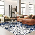 Indoor Outdoor Area Rug Washable Multicolored Patio Rug Tropical Botanical Modern Floral Indoor Outdoor Carpet Blue White Rug Non Slip for Patio, Deck, Backyard, Porch (9x12)