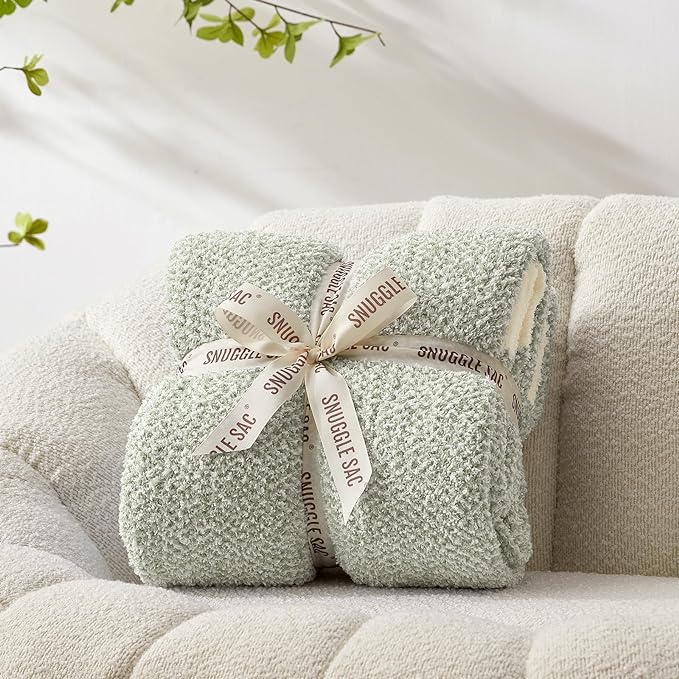 Snuggle Sac Heather Sage Green Throw Blanket for Couch, Reversible Super Soft Knitted Blankets Warm Cozy Fuzzy Throws for Sofa, Bed, Camping, Sage Green, 50x60 inches