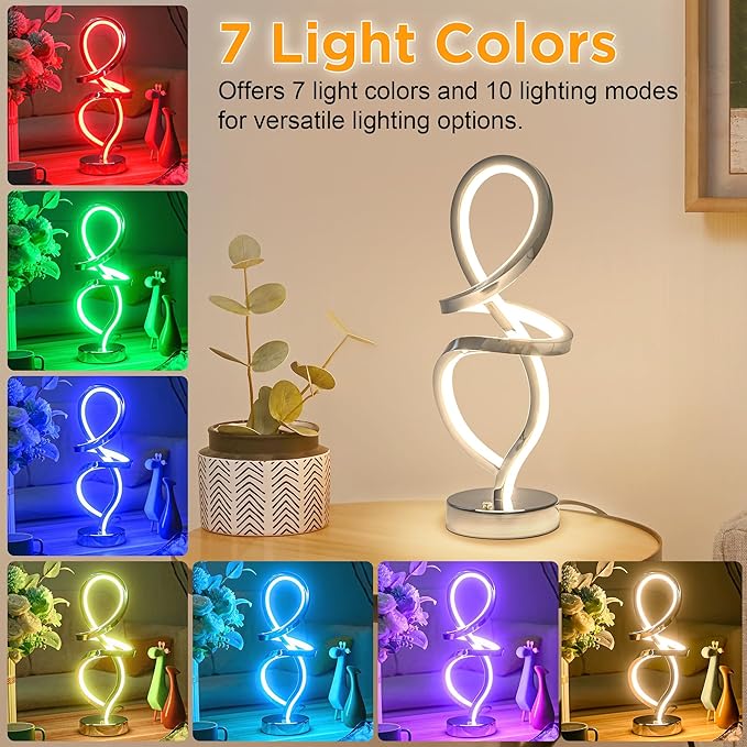 Mayful Modern RGB Table Lamp with LED Spiral Design, Silver Bedside Lamp & Nightstand Lamp, Touch Dimmable with 7 Colors & 10 Modes for Bedroom, Living Room, Home Office, 15W