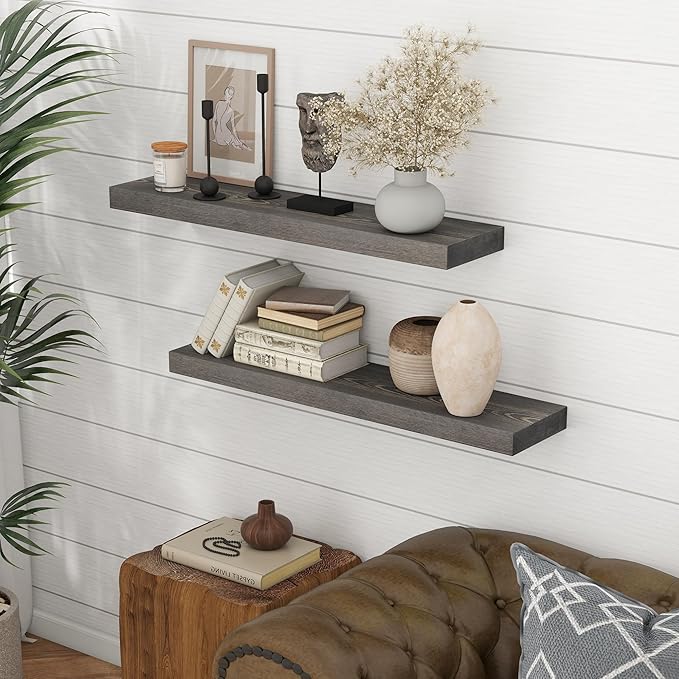 Marsmiles Floating Shelves for Wall - 36 Inch Grey Wood Floating Shelves Set of 2-36 Inch Wide x 7.7 Inch Deep x 1.6 Inch Thick Rustic Wooden Shelves for Room Wall