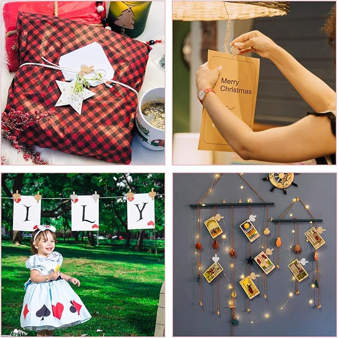 Pandahall 100Pcs Wooden Heart Clothespins Photo Clips Photo Paper Pegs Clips Gold Silver Mini Clothes Pins Holiday Card Holder Display with 10.9 Yards Jute Twine