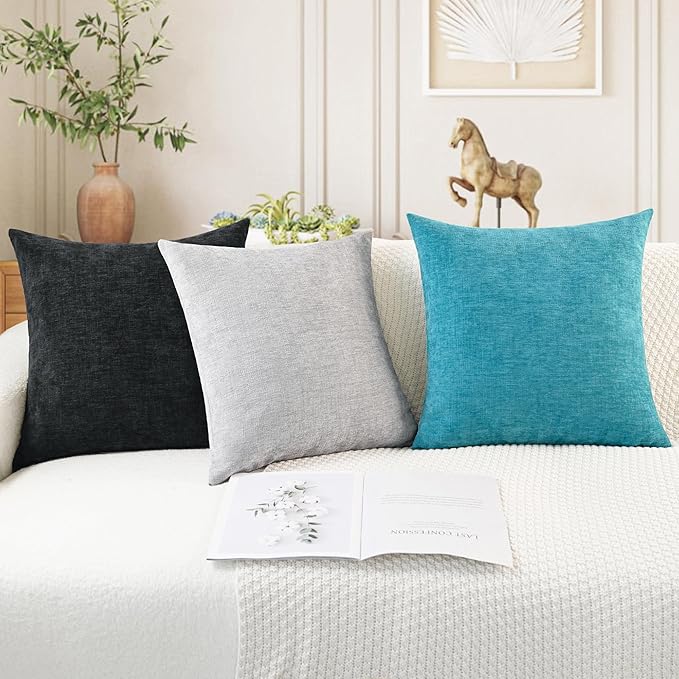 CaliTime Throw Pillow Covers Decorative 24 X 24 Inches Pack of 2 Cozy Chenille Cushion Cases for Couch Sofa Bed Living Room Home Lake Blue