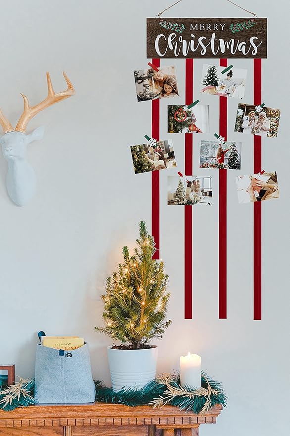 Christmas Card Holder Display, Card Holder Wall Display, Merry Christmas Wooden Decor, Xmas Hanging Picture Holders with 24 Photo Clips, Xmas Decor for Wall Door Window Home