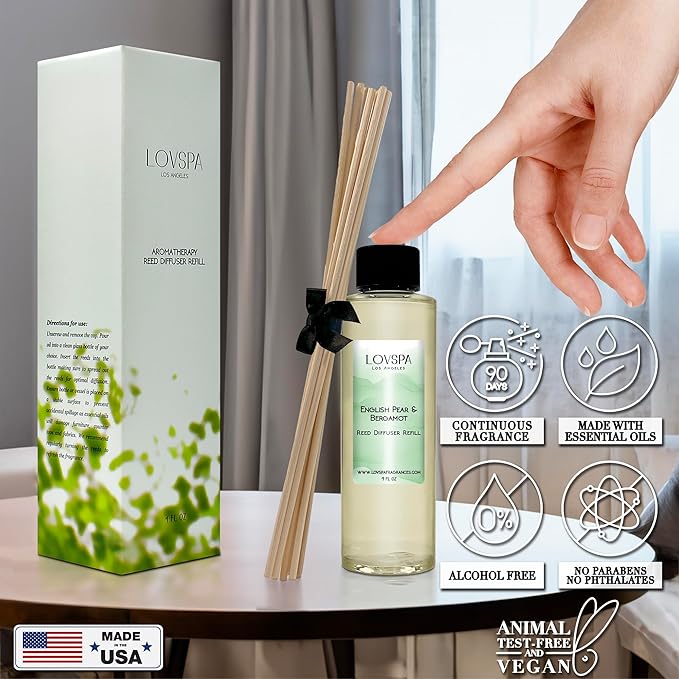 LOVSPA English Pear & Bergamot Diffuser Oil - Luxury Essential Oils for Diffuser Refill & Air Freshener Room Spray - Long-Lasting & Natural Home Fragrance, Scented Oil for Diffusers, USA Made, 4oz