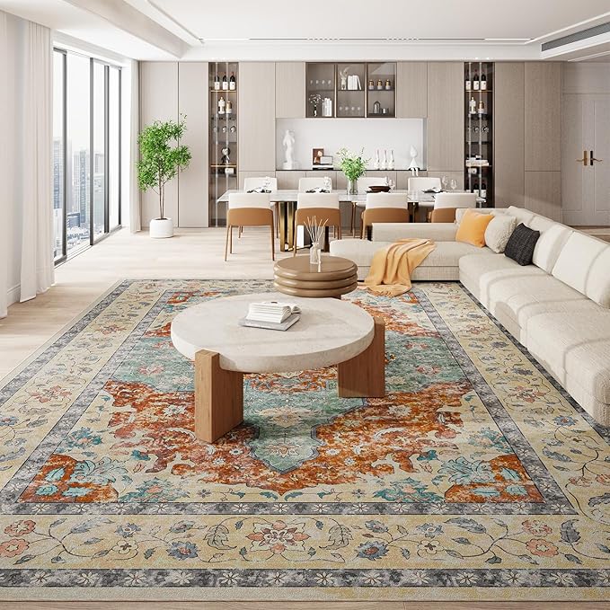Topllen Washable Area Rug - Area Rug 6'x9' Boho Soft Living Room Rug, Non-Slip Large Area Rugs Indoor for Dining Room Livingroom Bedroom, Vintage Rug (Rust, 6x9ft)
